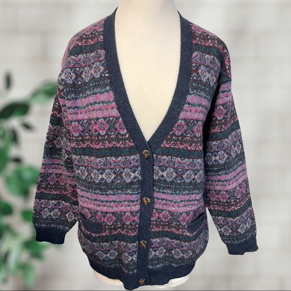 Vintage Eddie Bauer Wool Fair Isle Button Front Chunky Knit Cardigan Sweater S-L